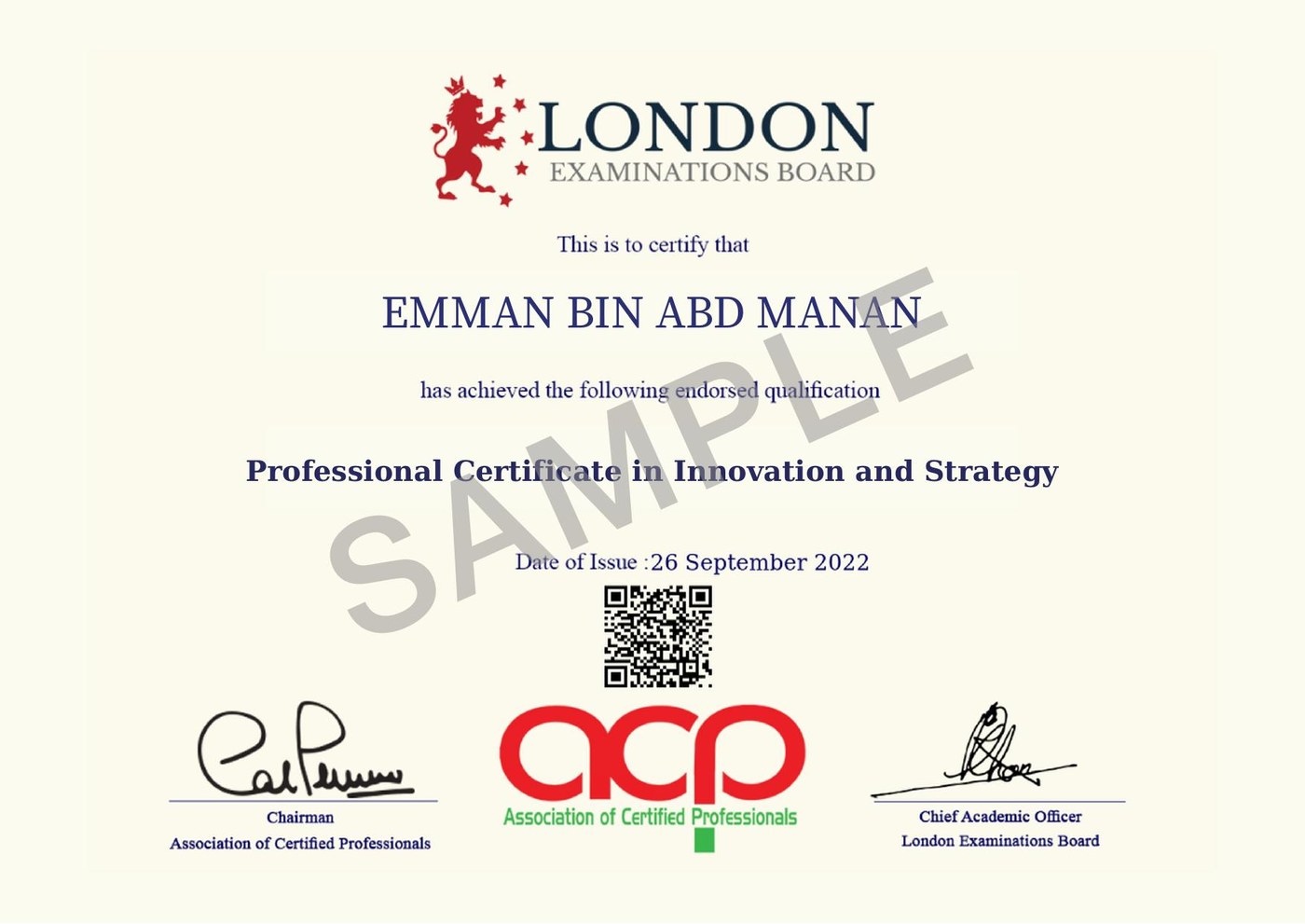 Professional Certificate in Innovation and Strategy specimen, London Examinations Board